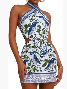 Boho Bird Print Halter Mini Dress